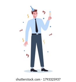 Office worker at work party. Business character in party hat dancing with a glass of alcohol. Employee having fun at workplace. Isolated cartoon illustration