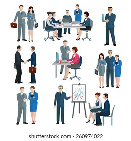 Office Worker Workgroup Workflow Businessmen And Businesswomen Icons Set Isolated Vector Illustration