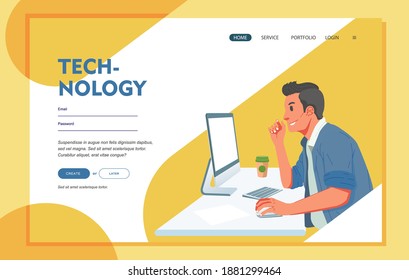 Office worker working with computer at office desk, cup of coffee beside him. office life of working man vector illustration. used for landing page illustration and other