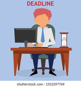 office worker is working in the desk finishing a deadline job. Office worker with hourglass vector illustration
