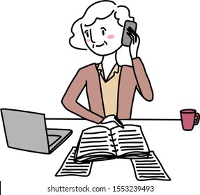 Office worker working at her desk. Senior businesswoman talking on the phone while looking at computer screen and reviewing paperwork. Happy senior businesspeople working at office. Hand-drawn vector.