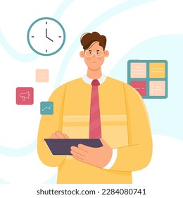 Office worker working with information on tablet vector illustration. Cartoon young man standing with mobile device to work on business plan with icons and apps, portrait of confident manager