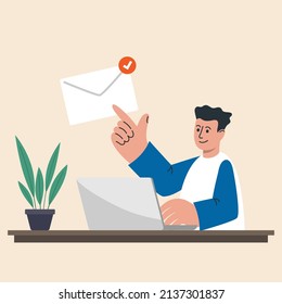 Office worker working with a laptop and opens an urgent letter. Mail notification. Man, working from home office get email message. Vector illustration.