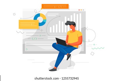 An office worker working with a notebook,  studying the infographic business and analysis of the evolutionary scale. Vector illustration