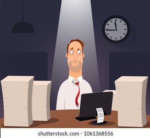 Office worker working on computer at night in dark office. The designer works in the later time. Overwork and sterss at work concept. Vector