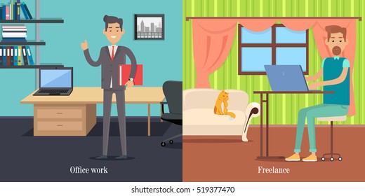 Office worker at working place. Freelancer at work. Elegant male with documents folder. Successful businessman. Young people. Poster shows difference between work at home or in office. Vector