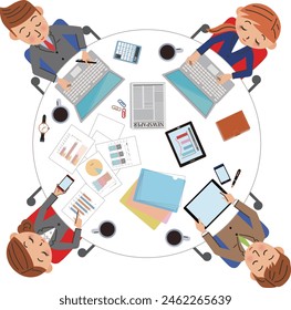 Office worker working at a round desk seen from above