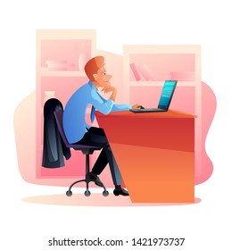 Office worker at workplace flat illustration. Tired employee working, using laptop. Boss in private office isolated clipart. Manager, business analyst, businessman at job cartoon character