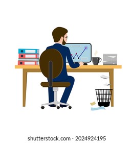 An office worker at the workplace. Vector illustration of a man in a suit at the table behind. A man is sitting on a chair at a computer. There are office supplies on the table.