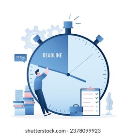 Trabajador de oficina en el lugar de trabajo, mucho trabajo. Un empleado masculino intenta detener el tiempo. Gran reloj con flechas. Gestión del tiempo, concepto de plazo. El cumplimiento de las tareas y el logro de los objetivos. Ilustración vectorial de moda