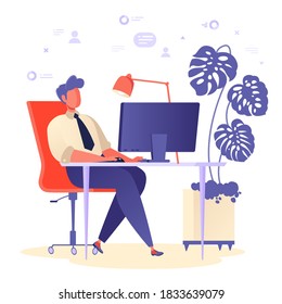 Office worker, workplace, working weekdays concept in vector illustration in flat cartoon style. Man sits in comfortable armchair and works at computer that stands on desktop in modern office.