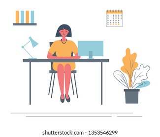 Office worker in the workplace. Young woman is sitting at the desk in the office room. There is a computer, folders, a lamp, a calendar and a flower in the picture. Funky flat style. Vector