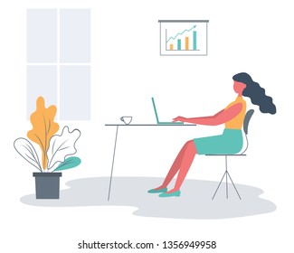 Office worker in the workplace. Young woman is sitting at the desk in the office room. Business icon. There is a laptop, a cup, a diagram and a flower in the picture. Funky flat style. Vector