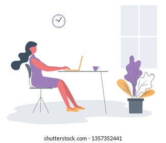 Office worker in the workplace. Young woman is sitting at the desk in the office room. Business icon. There is a laptop, a cup, a clock and a flower in the picture. Funky flat style. Vector
