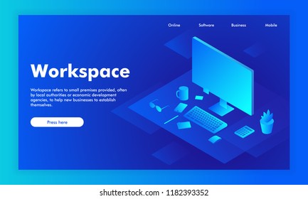 Office worker workspace first screen. Freelancer’s home office: desktop PC, sticky notes, smartphone, calculator, house plant. Programmer or designer working place. Work remotely and stay home.