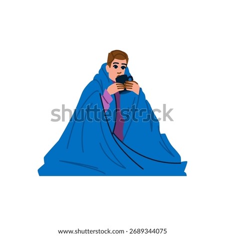 Office worker, wrapped in a cozy blue blanket, sipping a hot beverage for warmth and comfort while recovering from illness, battling symptoms of cold or flu during winter