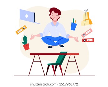 Office worker in yoga pose. Meditation on the work. Calm and relaxation, stress reduce. Isolated vector illustration in cartoon style