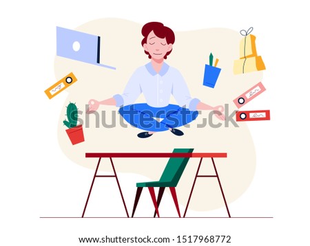 Office worker in yoga pose. Meditation on the work. Calm and relaxation, stress reduce. Isolated vector illustration in cartoon style