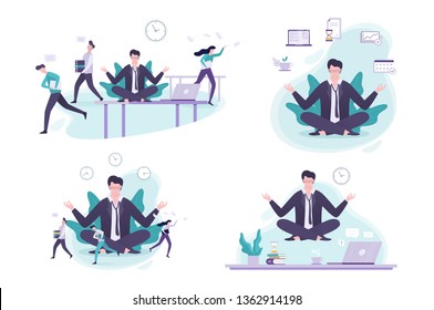 Office worker in yoga pose set. Meditation on the work. Calm and relaxation, stress reduce. Isolated vector illustration in cartoon style