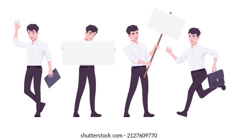 Office worker, young businessman, male employee busy with paper work. Brunette smart boy, manager in formal wear. Vector flat style cartoon character isolated on white background, different poses