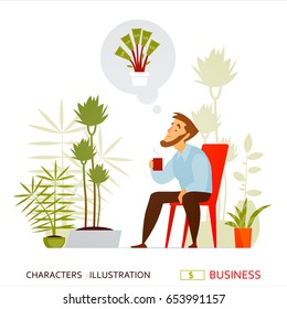Office worker or a young businessman is resting among tropical plants and dreams of getting rich. A break in the time of work. Tea time. Concept, business. Vector illustration