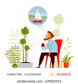 Office worker or a young businessman is resting among tropical plants and dreams of sea and travel. A break in the time of work. Tea time. Concept, business, psychology. Vector illustration