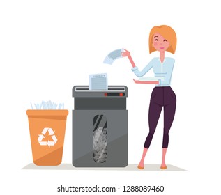 Office Worker Young Stylish Woman Shredding Stack Of Documents. Paper Waste In Plastic Recycling Bin.Large Office Floor Shredder Full Of Cut Paper. Flat Cartoon Vector Illustration On White Background