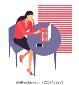 Trabajador de oficina. Mujer joven sentada en la mesa con ordenador portátil y teléfono, aislada de fondo blanco. Ilustración del vector