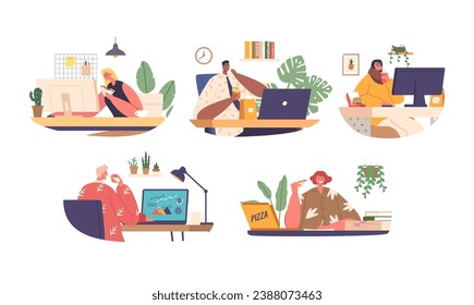 Office Workers Absorbed In Work, Nibbles On Sandwiches, Fast Food and Drinks At Their Cluttered Desk, Juggling Tasks