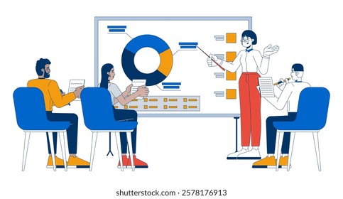 Office workers analytical meeting 2D cartoon characters. Whiteboard data presenter woman, diverse colleagues taking notes isolated people flat vector on white background. Spot illustration colorful
