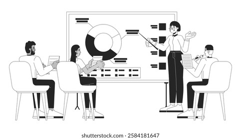 Office workers analytical meeting black and white 2D line characters. Whiteboard data presenter woman, diverse colleagues taking notes isolated vector outline people. Monochromatic spot illustration