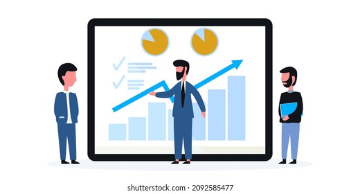 Office workers analyze and research business data vector illustration. Marketing analysts developing strategy.