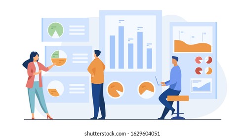 Office workers analyzing and researching business data vector illustration. Marketing analysts developing strategy. Business people studying infographics and diagrams on dashboard