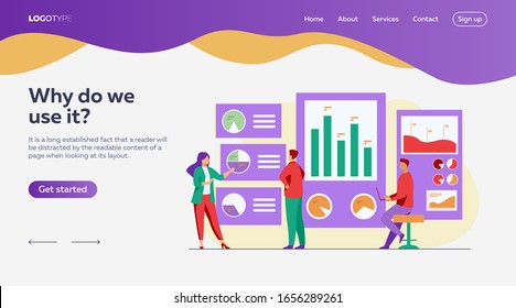 Office workers analyzing and researching business data vector illustration. Marketing analysts developing strategy. Business people studying infographics and diagrams on dashboard