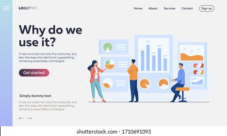 Office workers analyzing and researching business data vector illustration. Marketing analysts developing strategy. Business people studying infographics and diagrams on dashboard