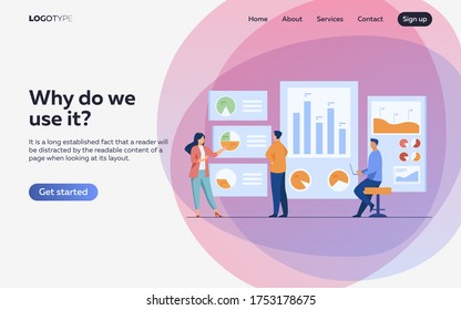 Office workers analyzing and researching business data vector illustration. Marketing analysts developing strategy. Business people studying infographics and diagrams on dashboard