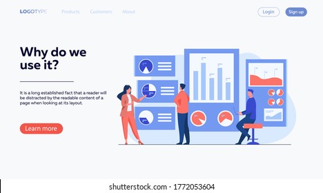 Office workers analyzing and researching business data vector illustration. Marketing analysts developing strategy. Business people studying infographics and diagrams on dashboard