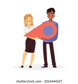 Office workers announcing moving to another location and holding huge pin mark, flat vector illustration isolated on white background. Relocation and office moving.