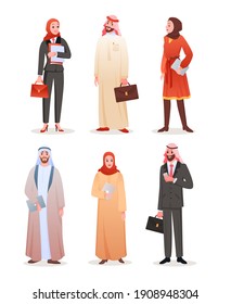 Office workers arab business people vector illustration. Cartoon man woman saudi characters, young lady in hijab and businessman entrepreneur in suit or arabian traditional clothes isolated on white background