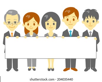office workers with blank banner