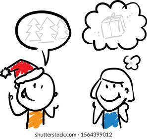 Office workers boy and girl discuss new year and merry christmas, speech bubbles. Girl hand drawn doodle line art cartoon design character - isolated vector illustration outline of woman.
