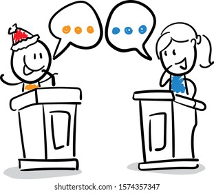 Office workers boy and girl  manager in new year hat having debate. Conversation with speech bubbles.
Girl hand drawn doodle line art cartoon design character - isolated vector illustration outline