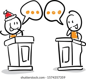 Office workers boy and boy  manager in new year hat having debate. Conversation with speech bubbles.
Girl hand drawn doodle line art cartoon design character - isolated vector illustration outline