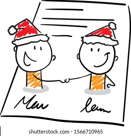 Office workers - boys successfully sign a contract. Happy new year mood - merry christmas. Doodle style vector illustration object of man isolated hand draw. Line art cartoon design character