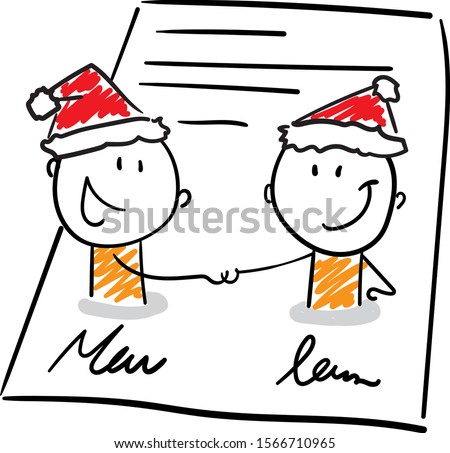Office workers - boys successfully sign a contract. Happy new year mood - merry christmas. Doodle style vector illustration object of man isolated hand draw. Line art cartoon design character