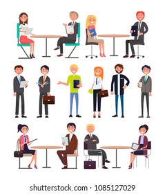 Office workers with briefcases daily routine set. Men and women in formal clothes negotiate business issues at table isolated vector illustrations.