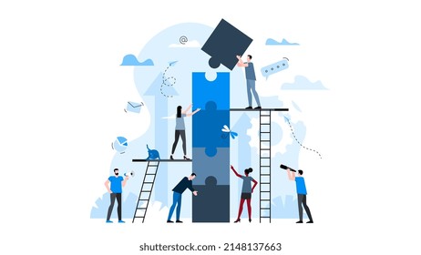 Office workers are building a tower of puzzles together. Animation ready duik friendly vector Illustration. Conceptual business story. Puzzle connection, teamwork abstract metaphor.