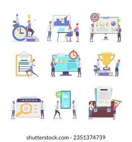 Trabajadores de Office con ilustraciones vectoriales de elementos empresariales establecidas. Colección de dibujos de compañeros de trabajo resolviendo problemas, análisis de datos, informe de ingresos, fecha límite, premio. Negocio, trabajo en equipo, concepto de economía