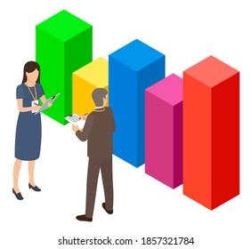 Office workers business man and woman holding clipboard, standing near isometric 3d growing graphic. People making notes in reports wearing badges analysing business statistics, web analytics