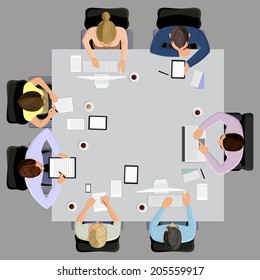 Office workers business management meeting and brainstorming on the square table in top view vector illustration